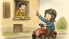 Witz: Ein kleiner Junge im Bobby-Car