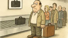 Witz: Ein Gepäckausgabe-vorne-Steher wartet am Band