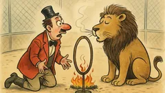 Witz: Verzweifelt kniet der Dompteur vorm Löwen