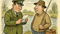 Witz: Ein Fischereiaufseher prüft den Angelschein